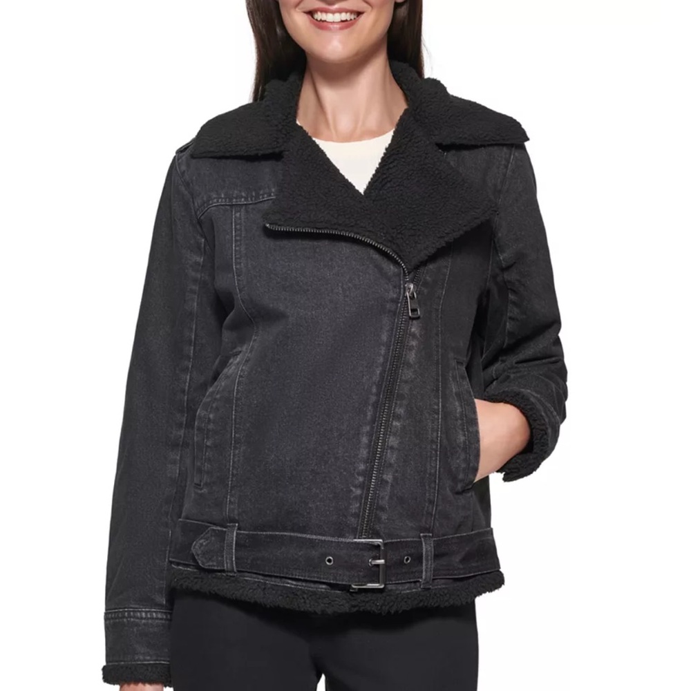 Calvin Klein Women’s Sherpa Moto Denim Jacket Black Size Large Casual Streetwear